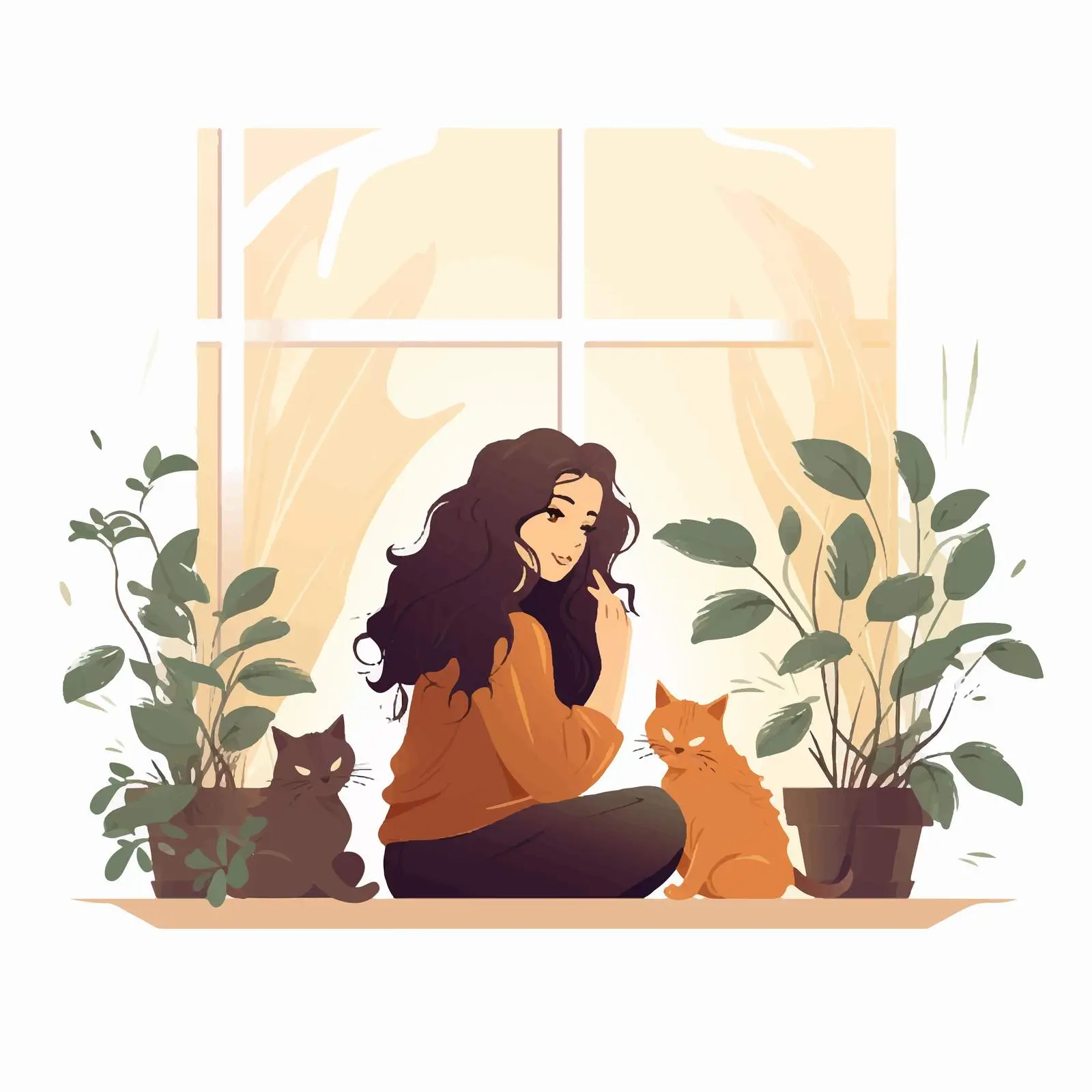 Lonely Woman with Cats by Window Illustration — free download from Dotvec