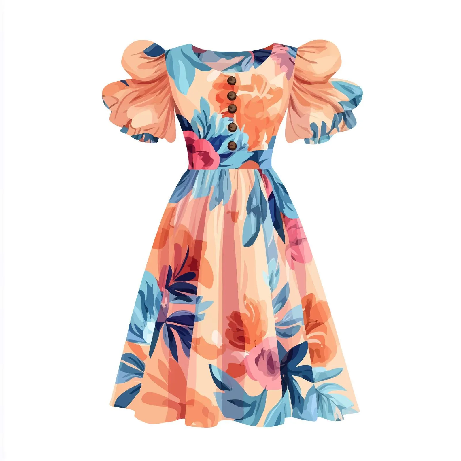 Long Summer Dress with Puffy Sleeves and Buttons — free download from Dotvec
