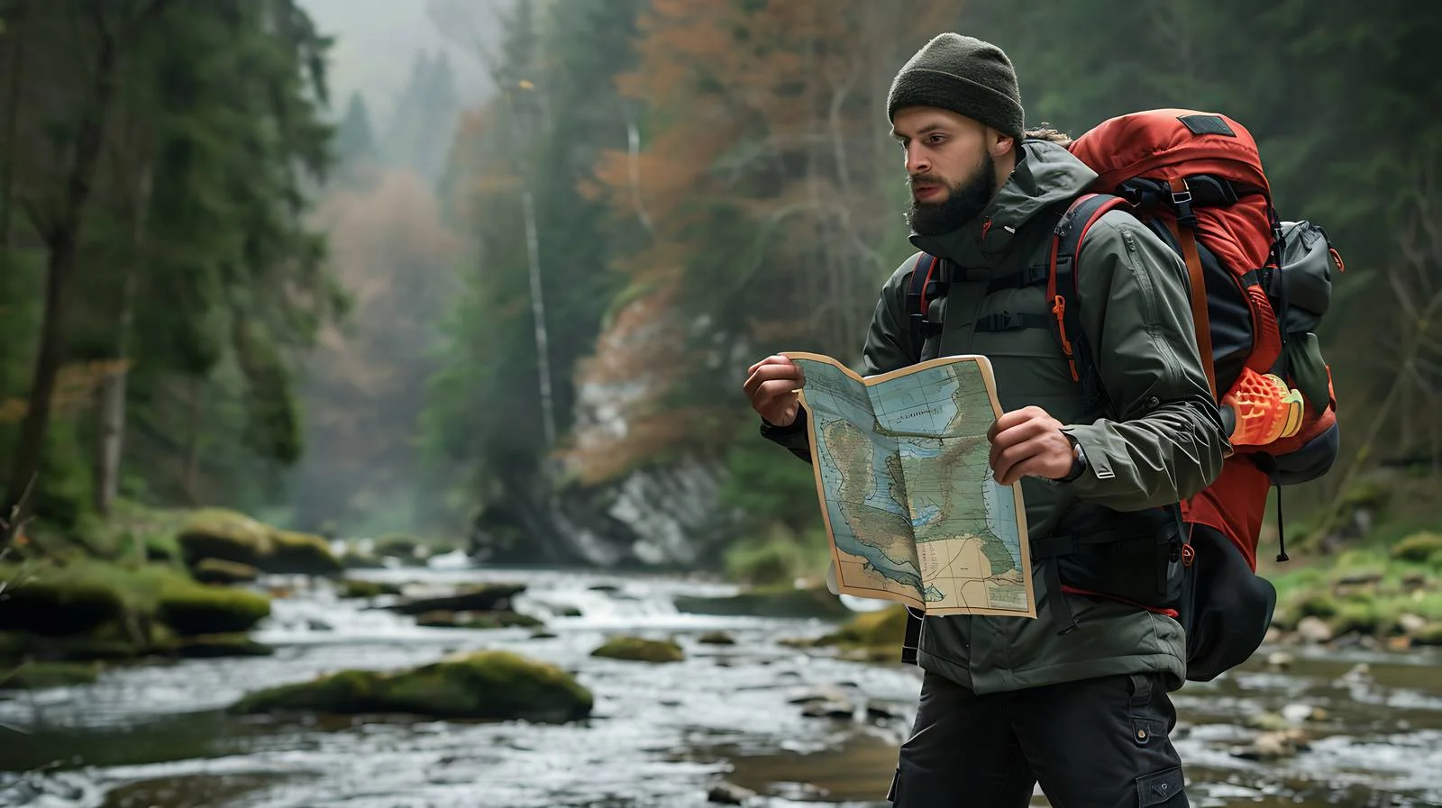 Hiker navigating with map in wilderness — free download from Dotvec