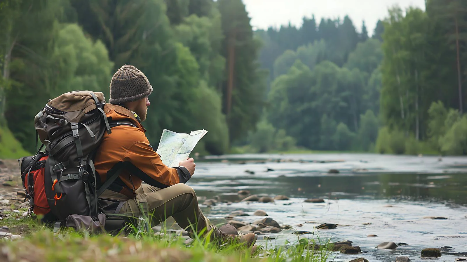 Riverside Hiker Resting with Backpack — free download from Dotvec