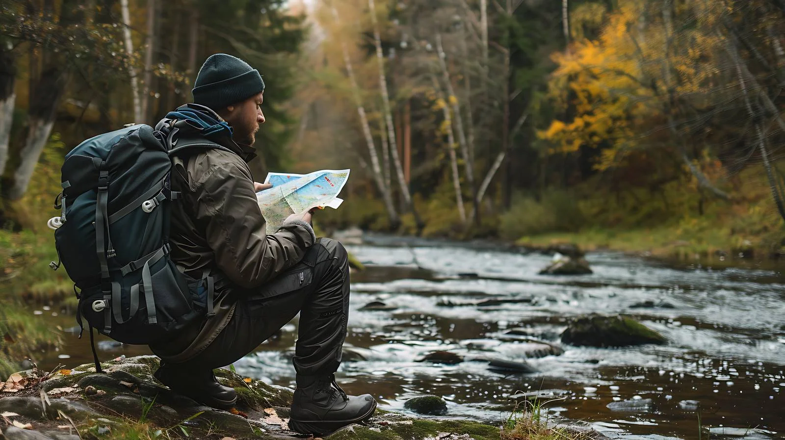 Lost Hiker by River with Backpack — free download from Dotvec