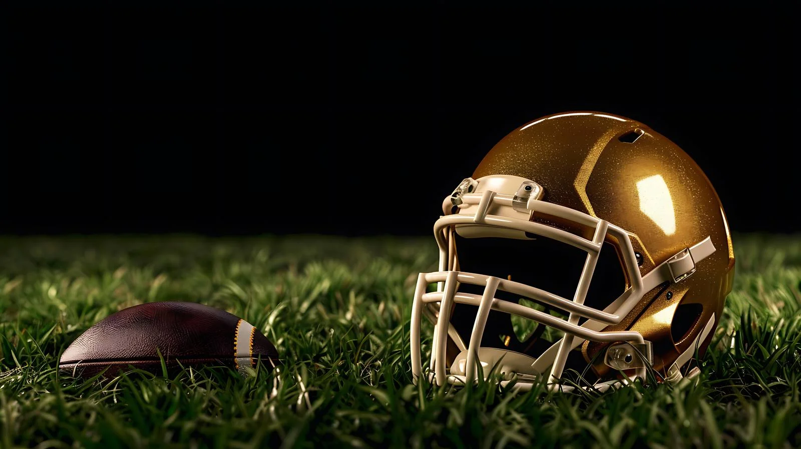 Golden helmet and football on grass viewed from low angle — free download from Dotvec