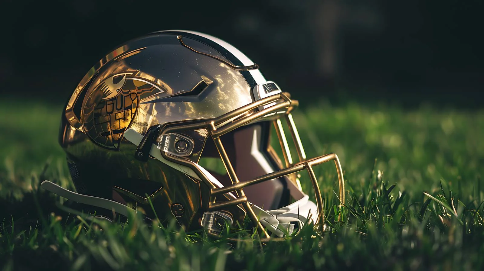 Football and golden helmet on grass field — free download from Dotvec