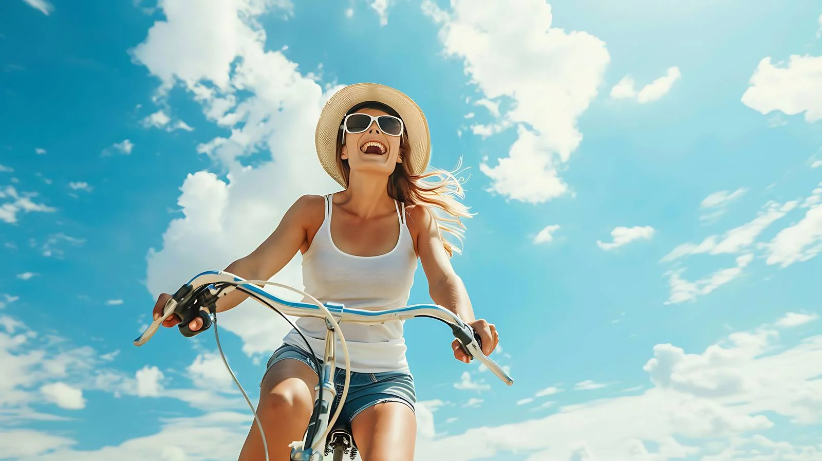 Joyful lady cycling along seaside at sunset — free download from Dotvec