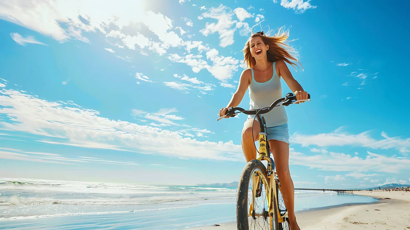 Joyful woman cycling along beach shore — free download from Dotvec