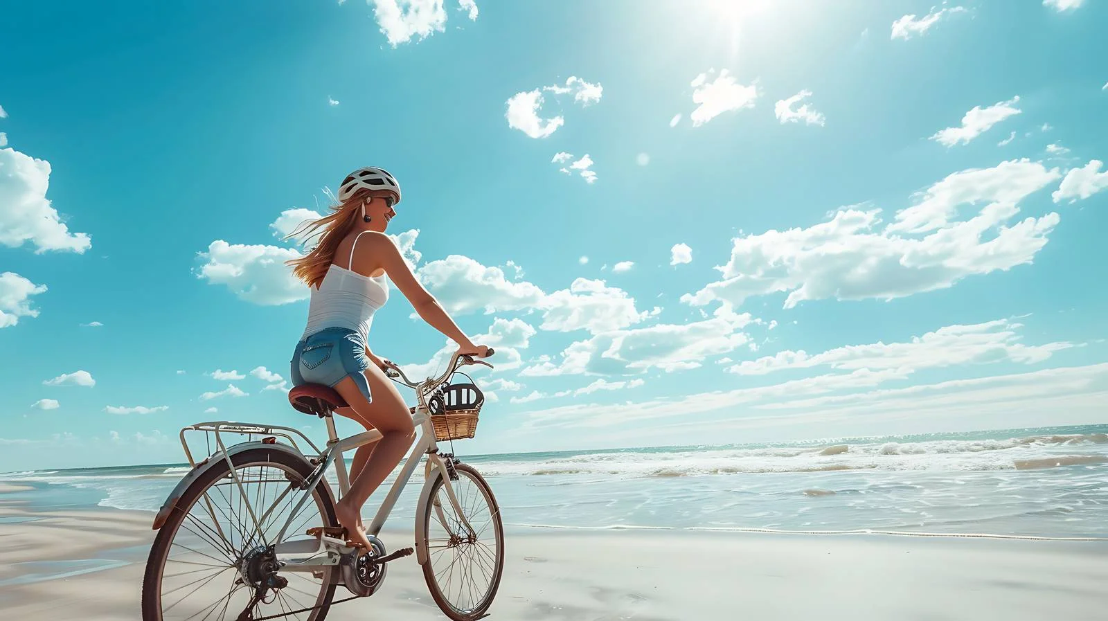 Joyful woman cycling by the seaside — free download from Dotvec