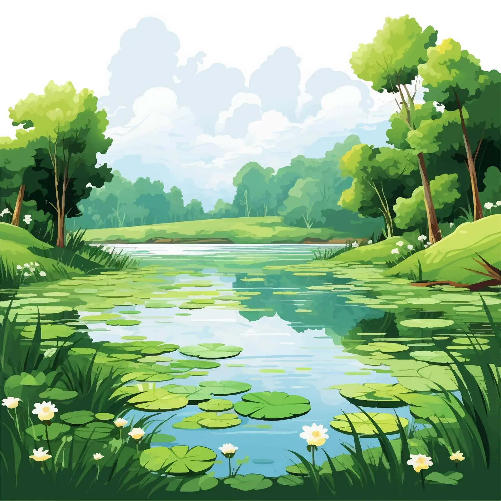 Lush Greenery Around a Tranquil Lake Vector — free download from Dotvec