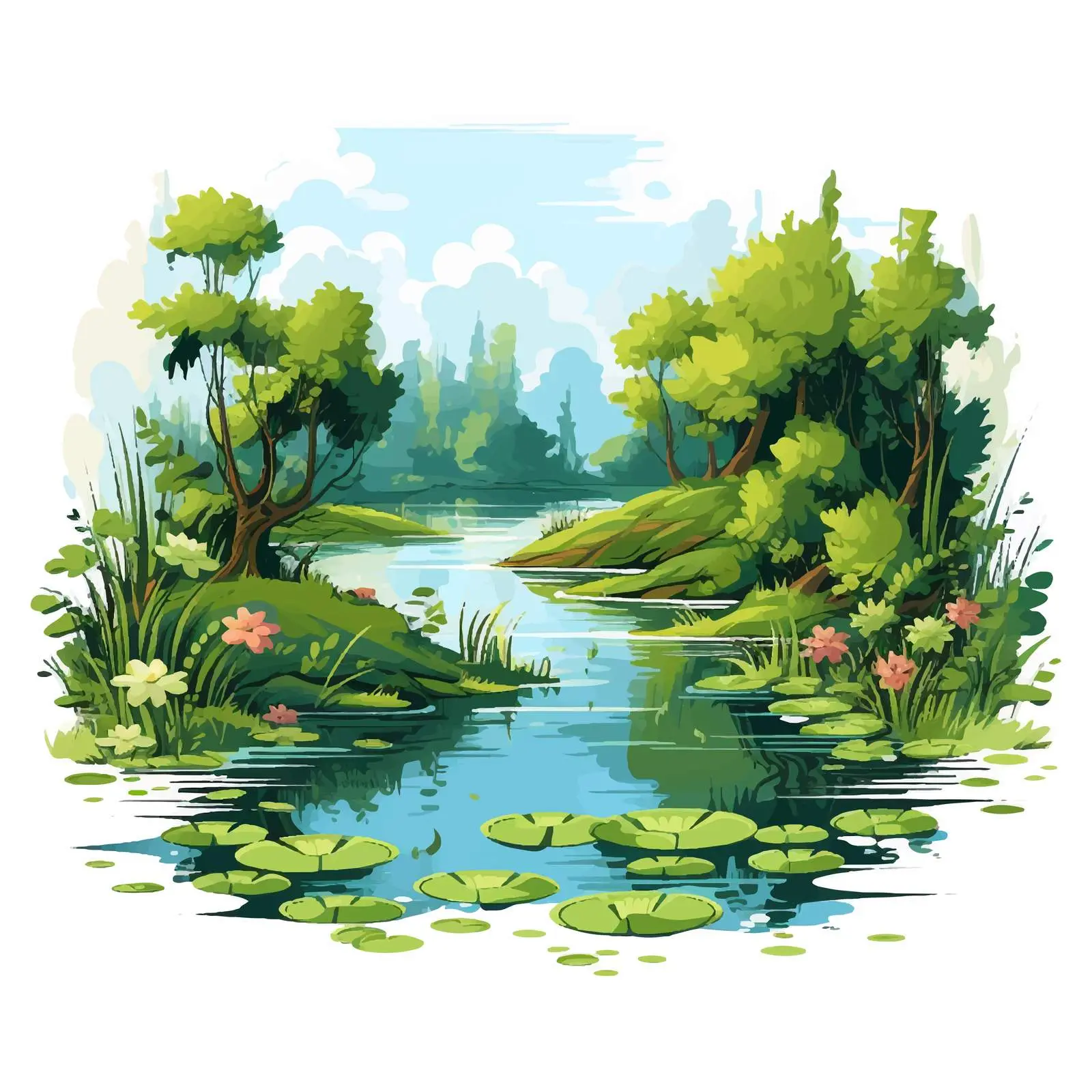 Lush Greenery and Tranquil Lake Vector Scene – free illustrated landscape image from Dotvec