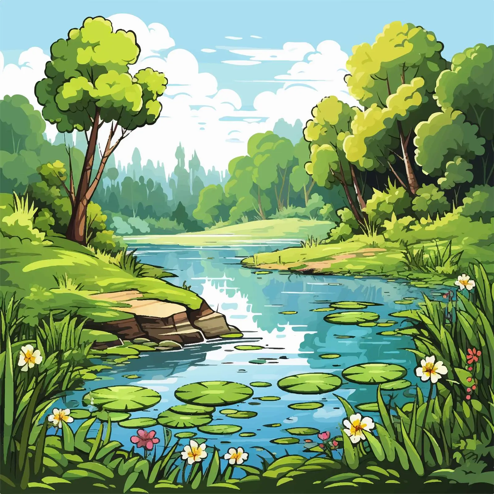 Tranquil Lake Surrounded by Lush Greenery Vector — free download from Dotvec
