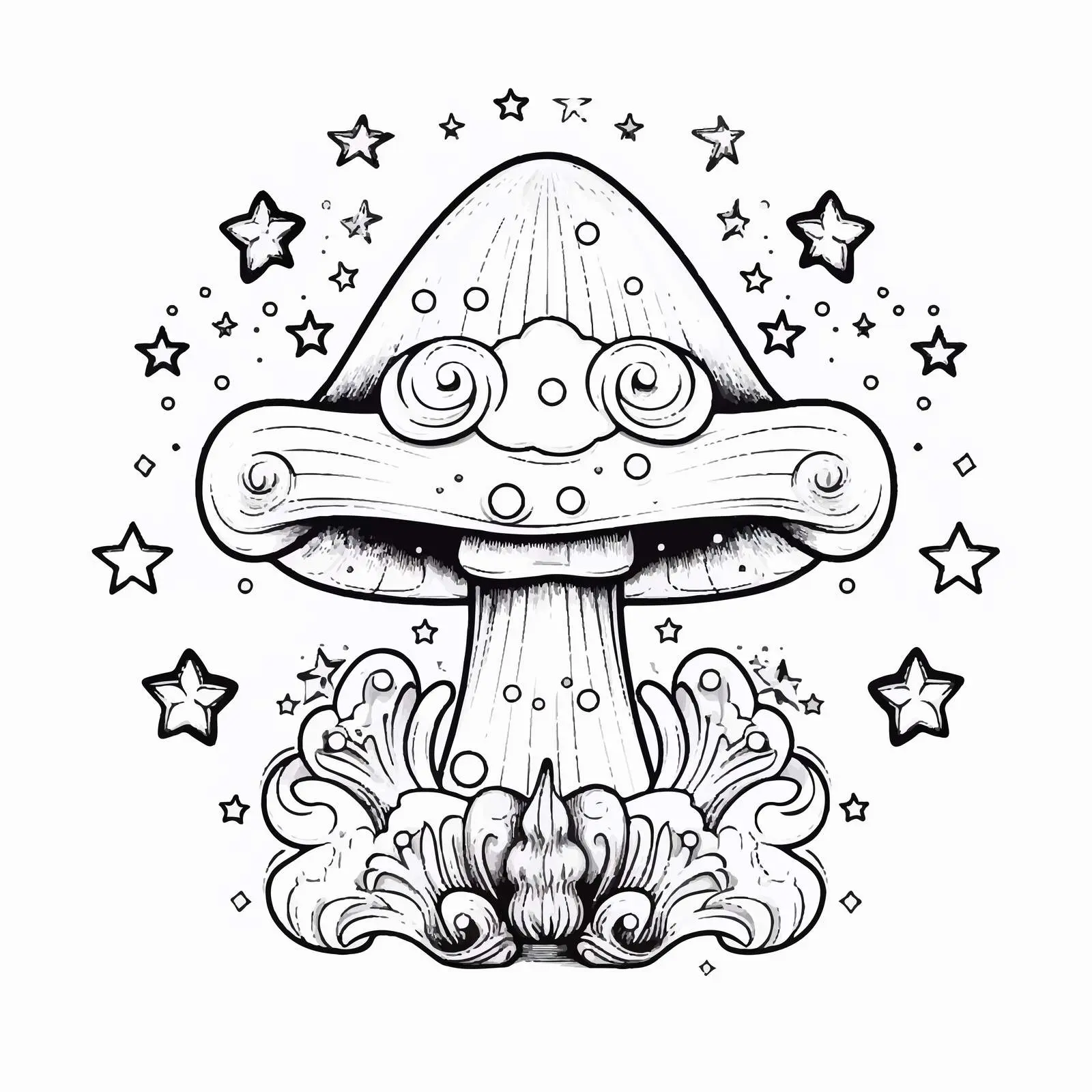 Magic Mushroom Outline with Crystals and Stars – free outline drawing image from Dotvec