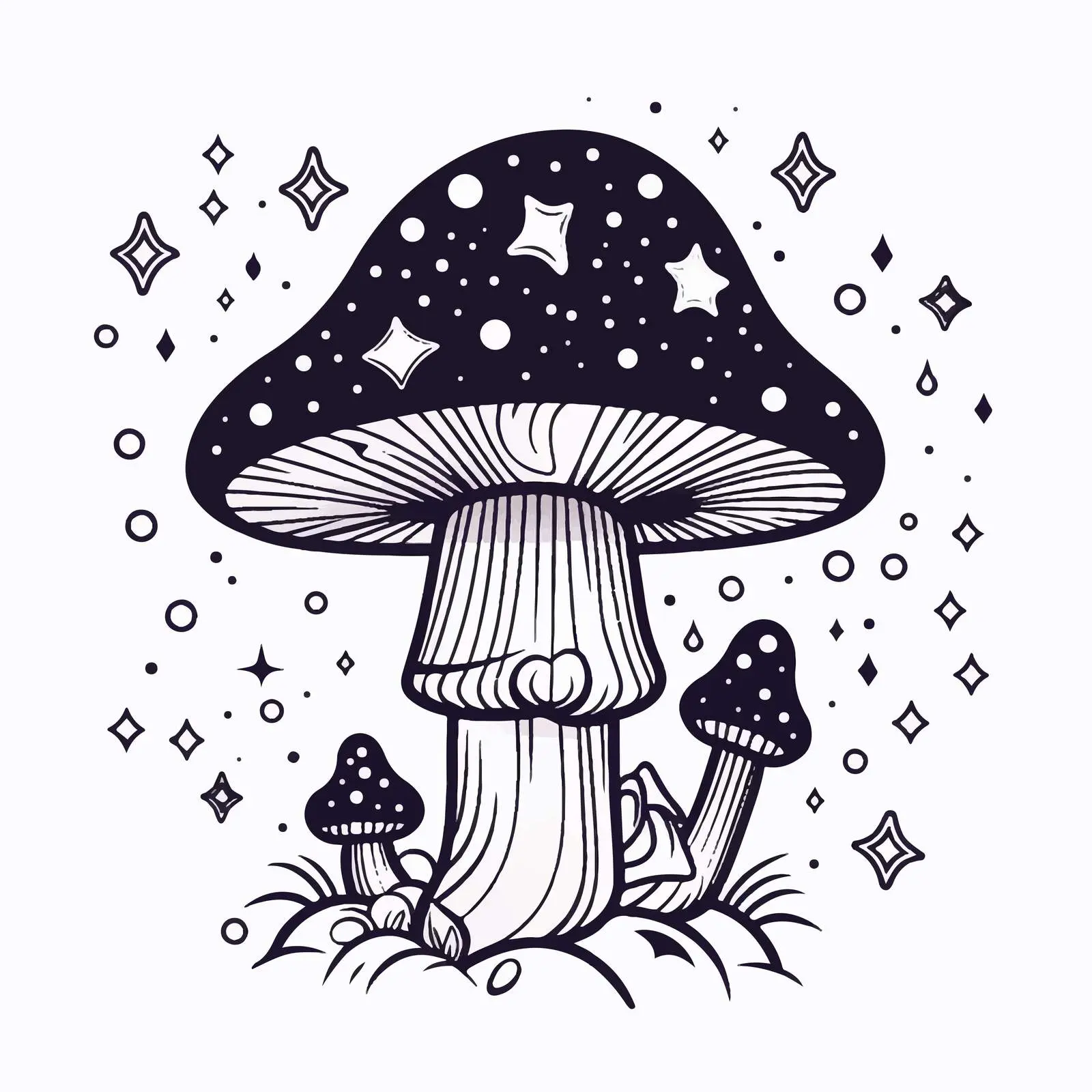 Magical Mushroom with Crystals and Stars Outline – free outline drawing image from Dotvec