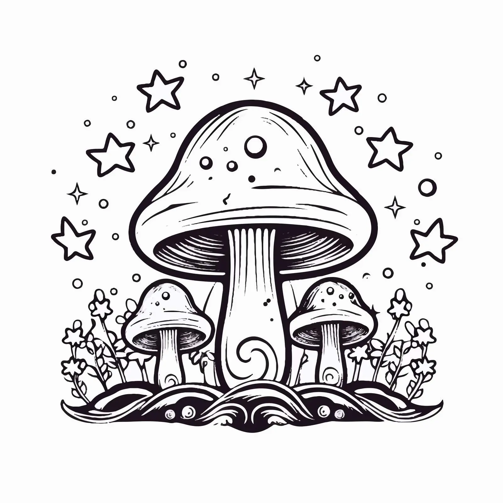Magic Mushroom Outline with Crystals and Stars – free outline drawing image from Dotvec
