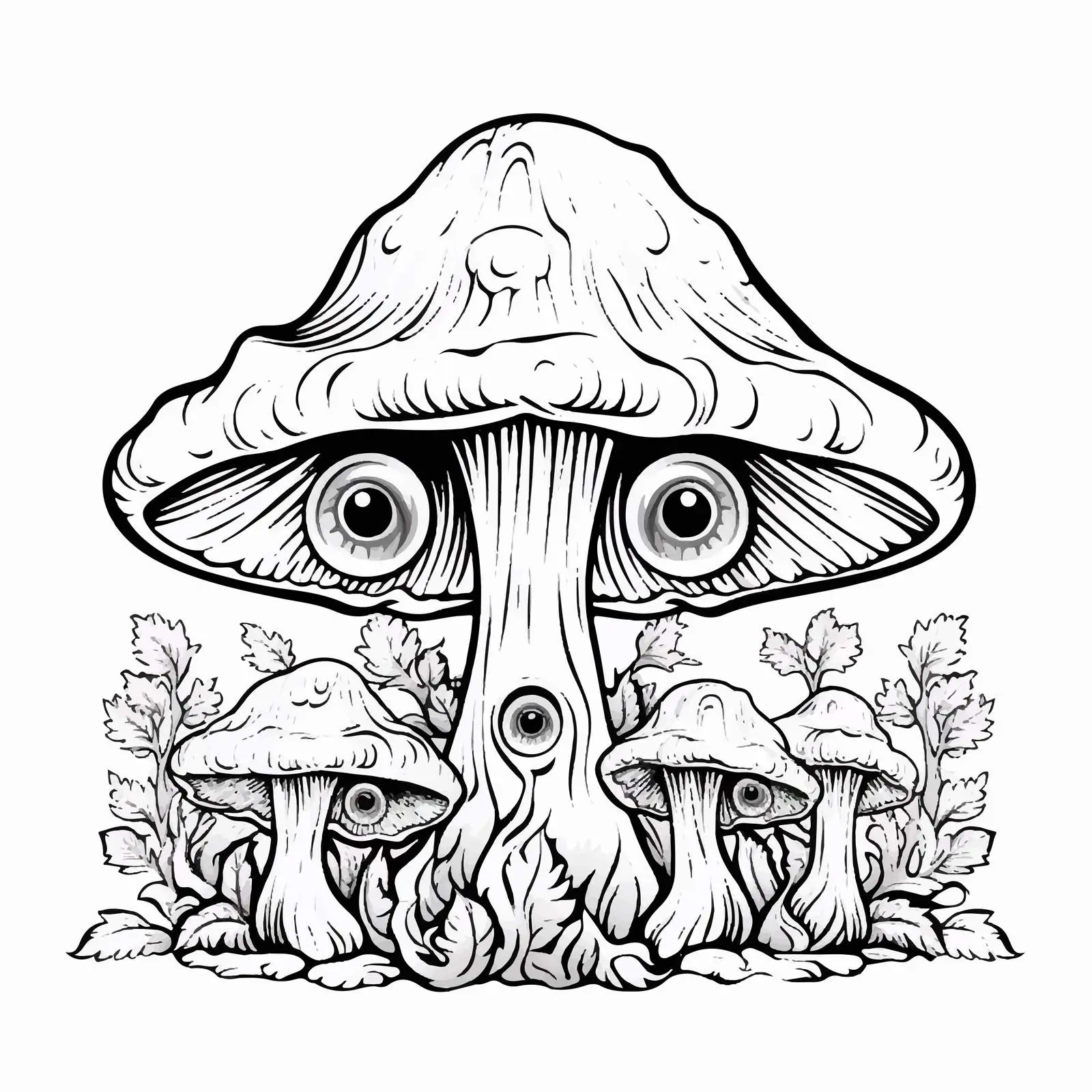 Magic Mushroom Contour Drawing with Eyes and Leaves – free contour drawing image from Dotvec