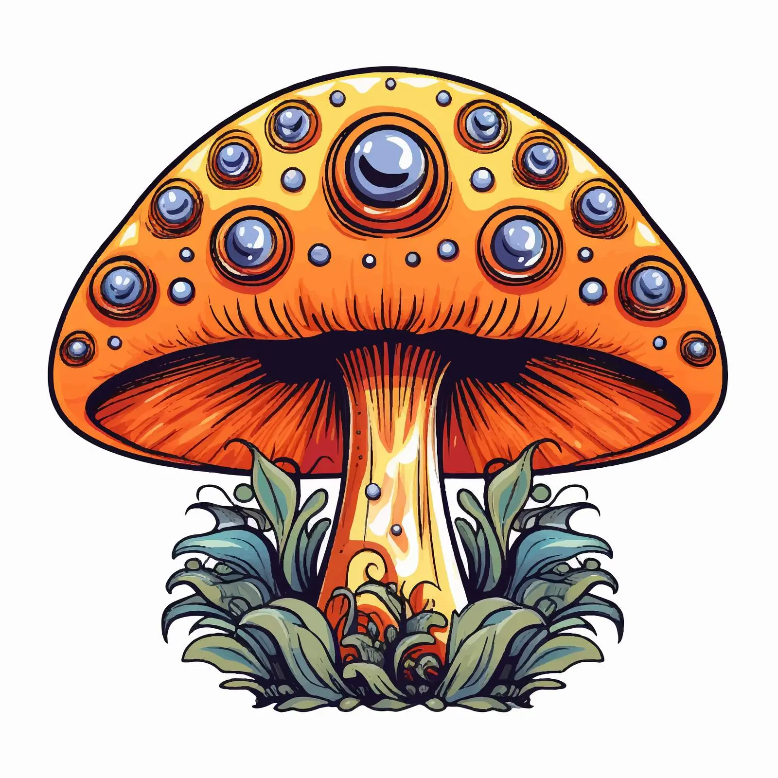 Magic Mushroom Contour Drawing with Eyes and Leaves — free download from Dotvec
