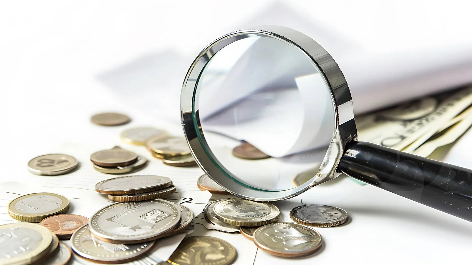 Magnifier Inspecting Coin and Crumpled Paper — free download from Dotvec