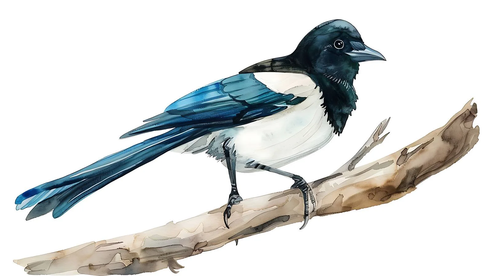 Elegant Magpie Bird Perched Watercolor Study — free download from Dotvec