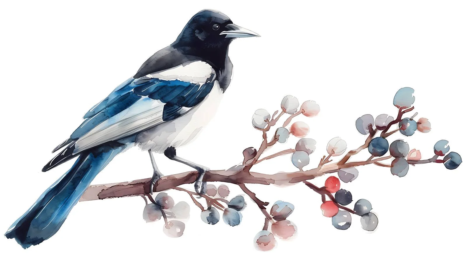 Graceful Magpie Perched on Branch - Delicate Watercolor Artwork — free download from Dotvec