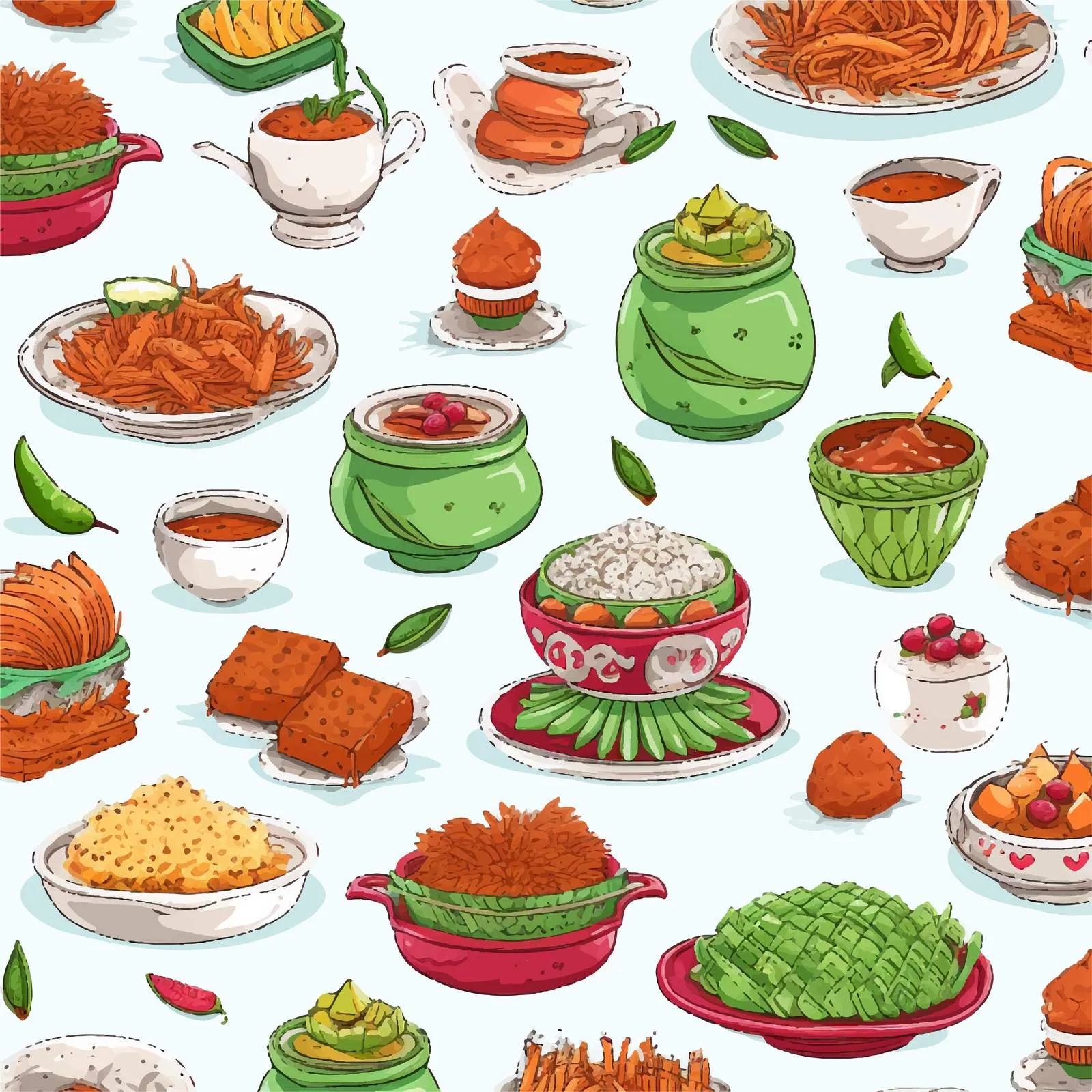 Hand-Drawn Malaysian Cuisine Seamless Vector Pattern – free traditional dish image from Dotvec