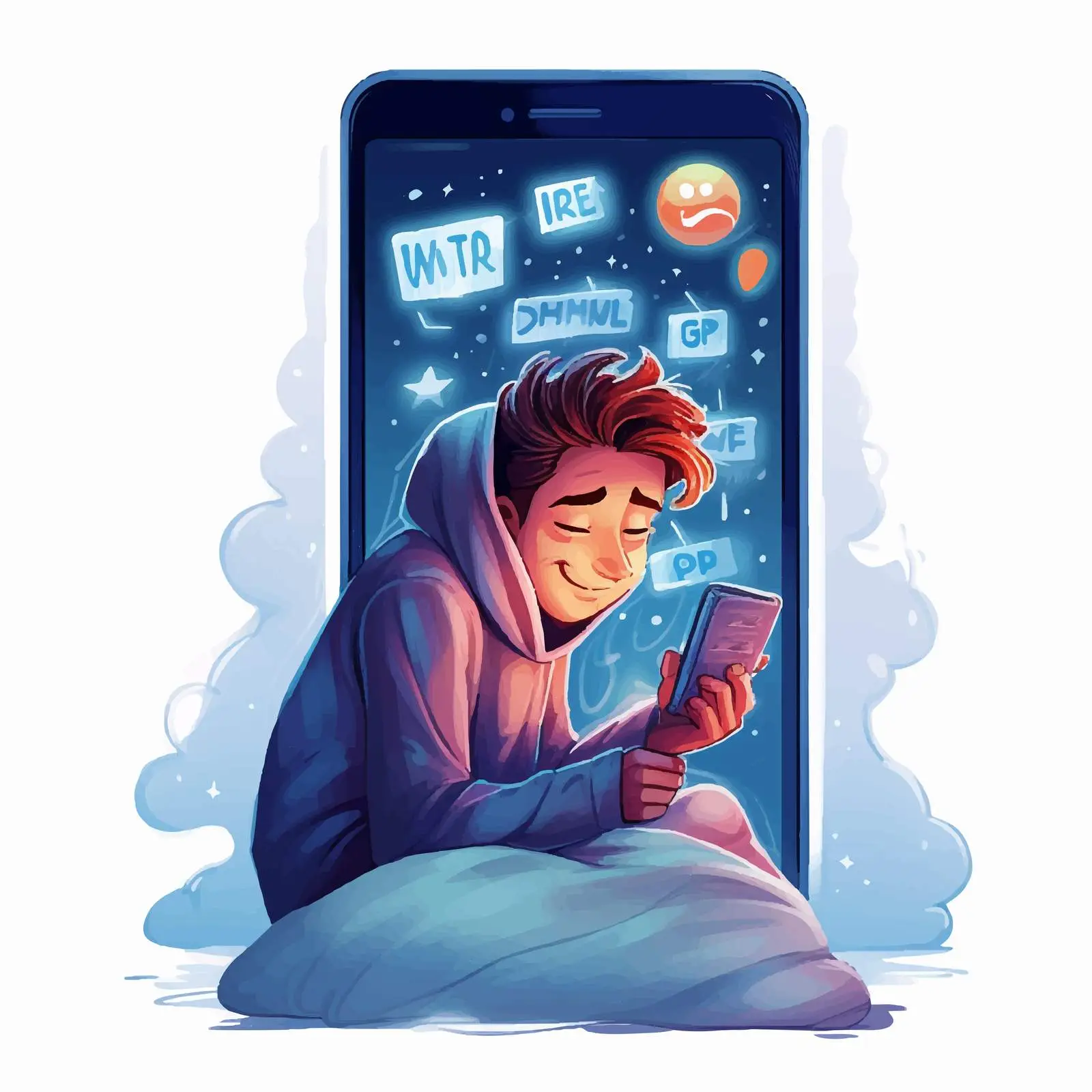 Cartoon Character Interacting with Giant Smartphone — free download from Dotvec