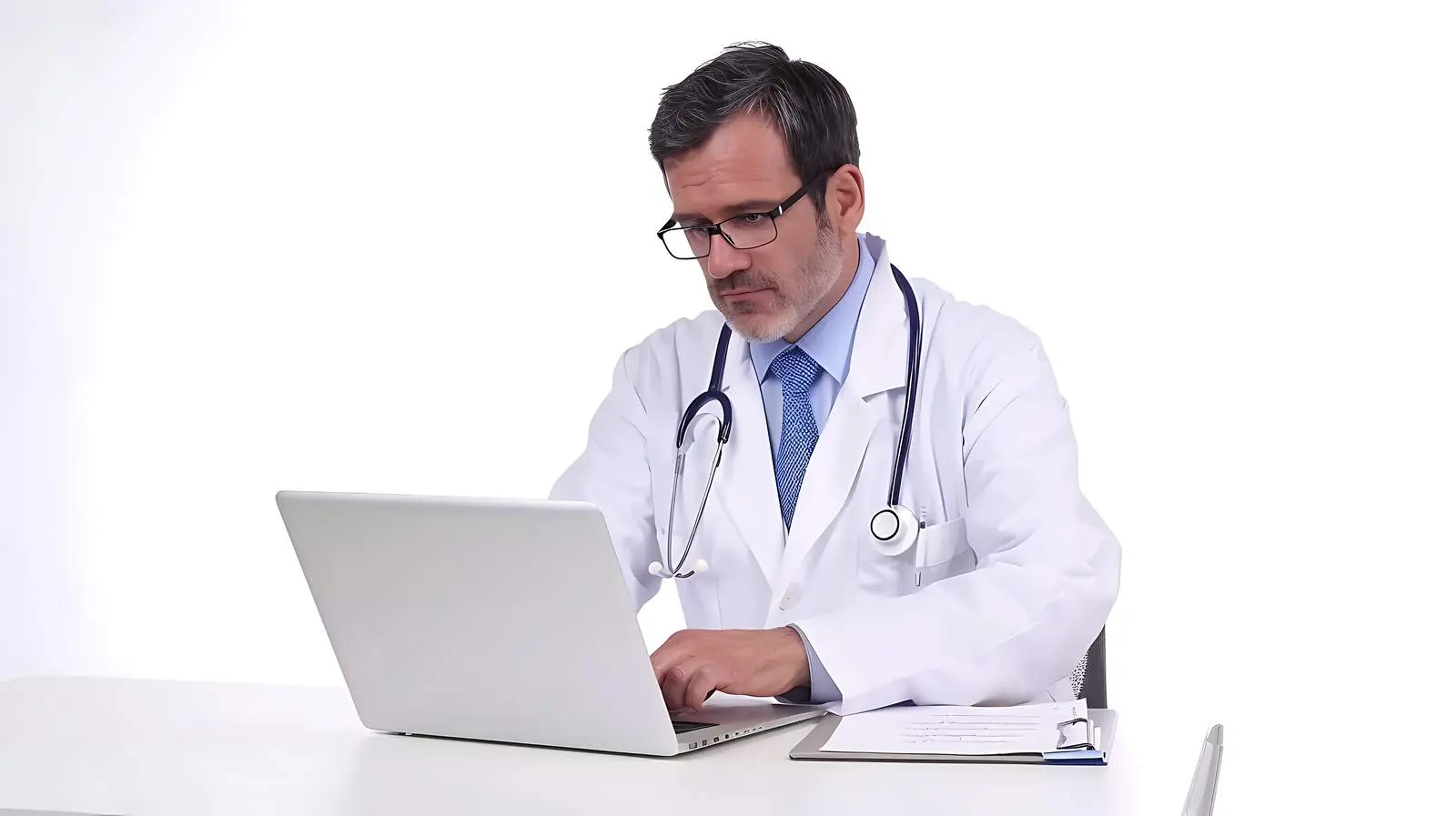 Male Doctor Working on Laptop at Desk — free download from Dotvec