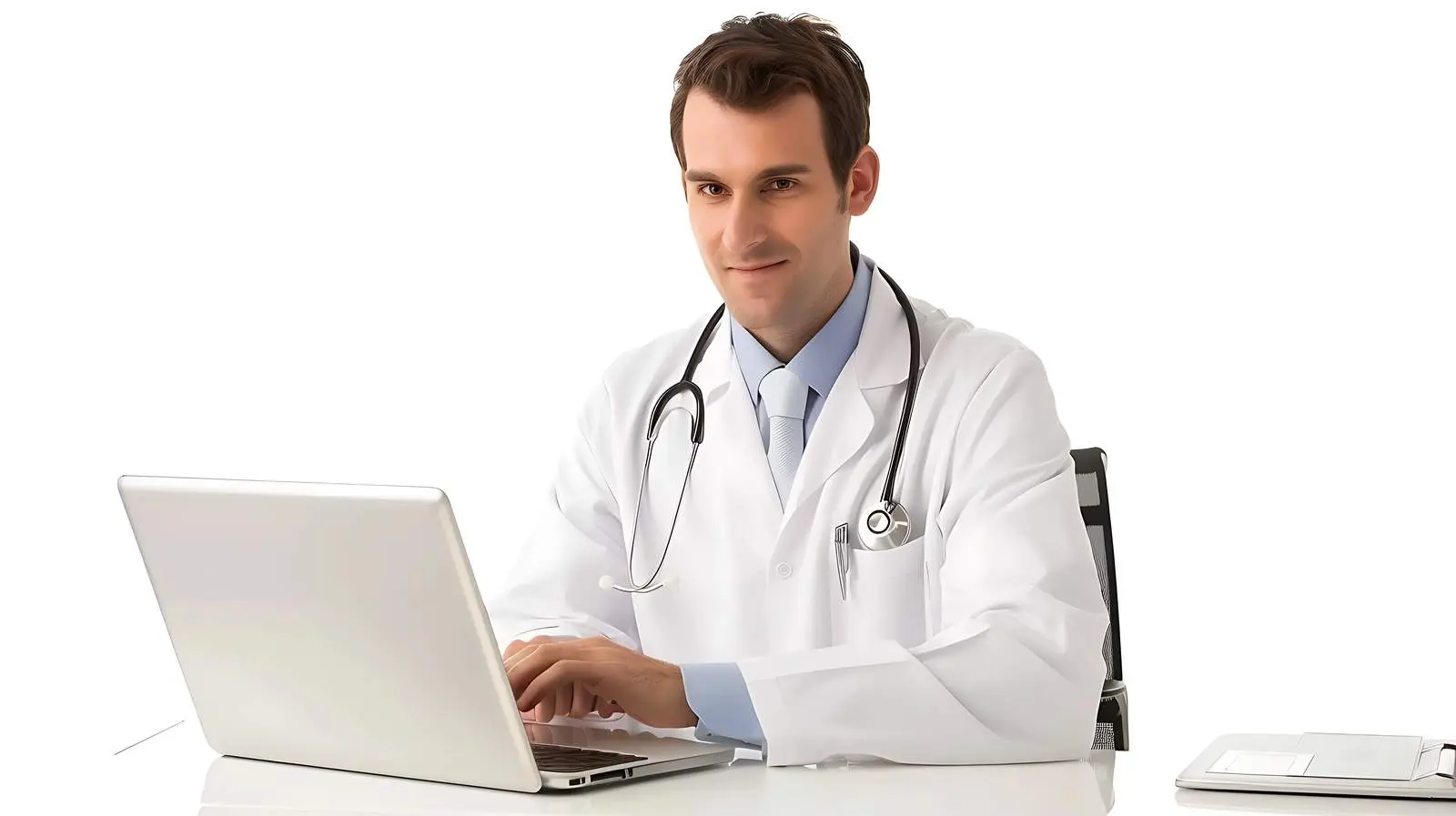 Male Doctor Working on Laptop at Desk — free download from Dotvec