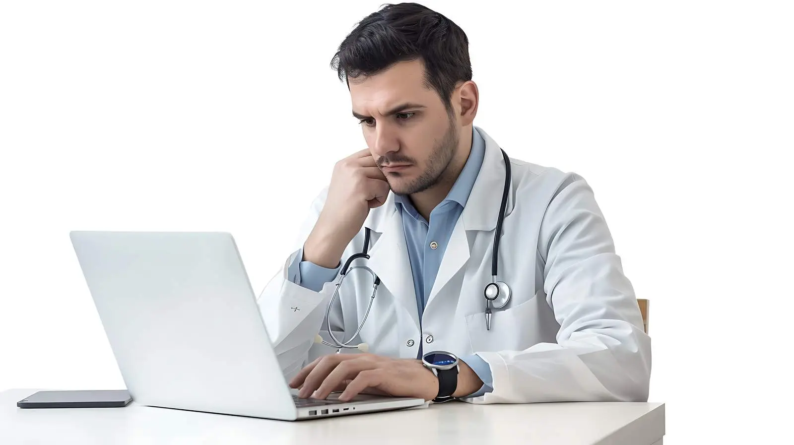 Male Doctor Working on Laptop at Desk — free download from Dotvec