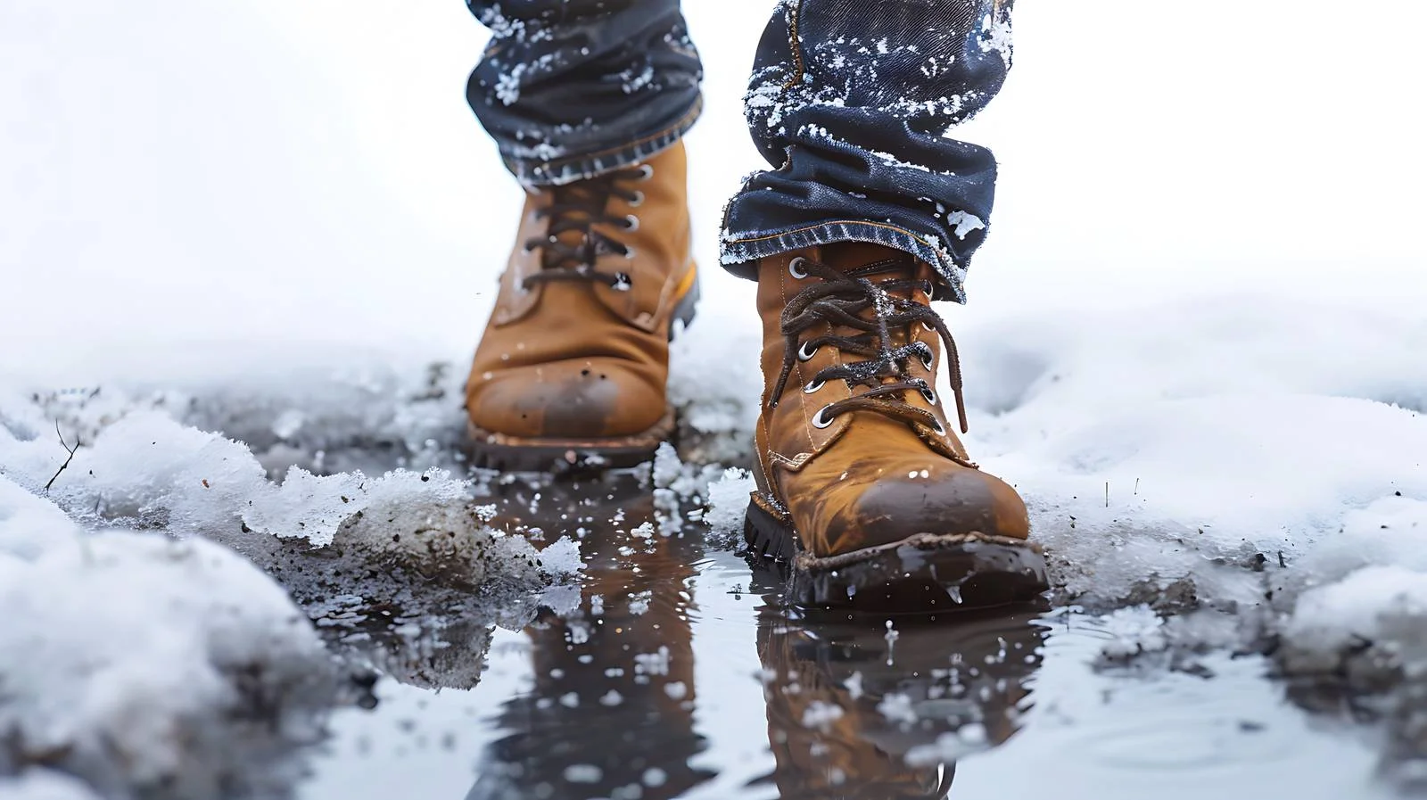 Man walking in shoes over snowmelt puddle — free download from Dotvec