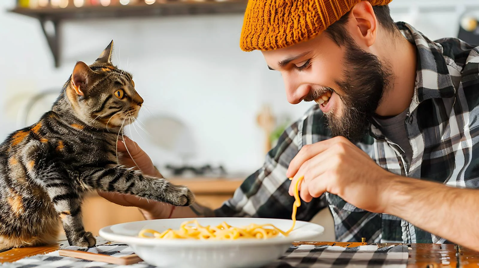 Freelancer sharing noodles with curious cat — free download from Dotvec