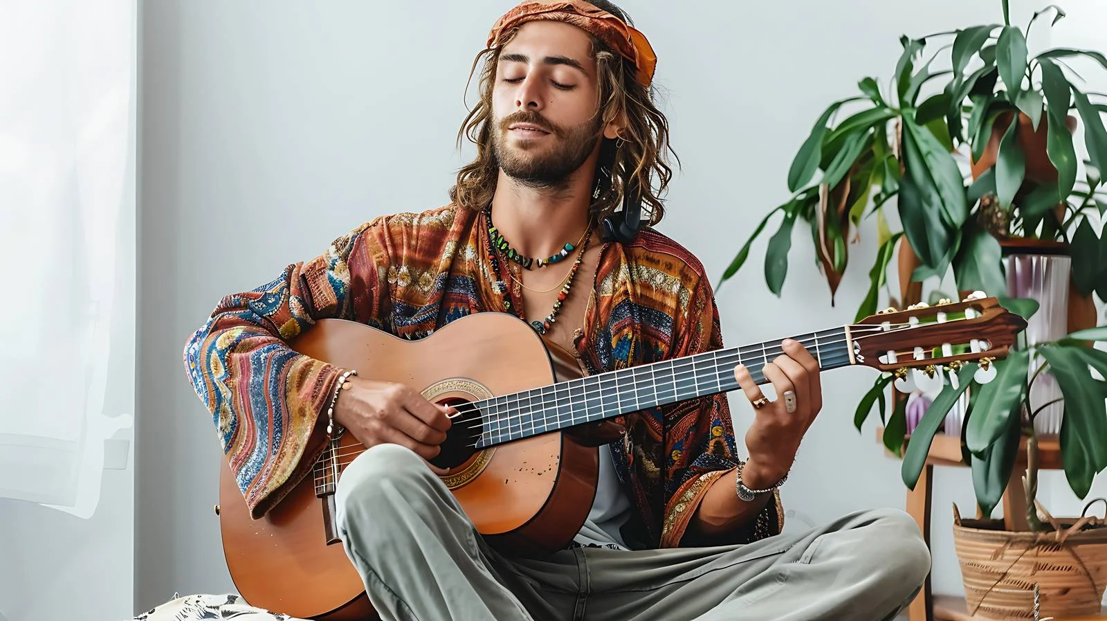 Serene Hippie Playing Guitar at Home — free download from Dotvec