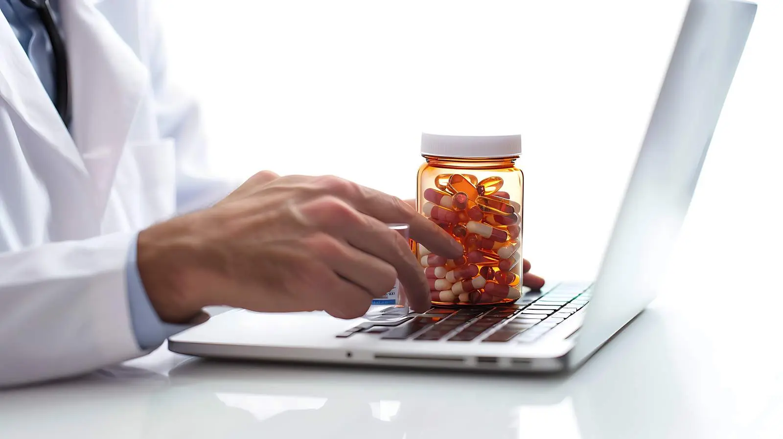 Doctor Holding Pill Jar and Typing — free download from Dotvec