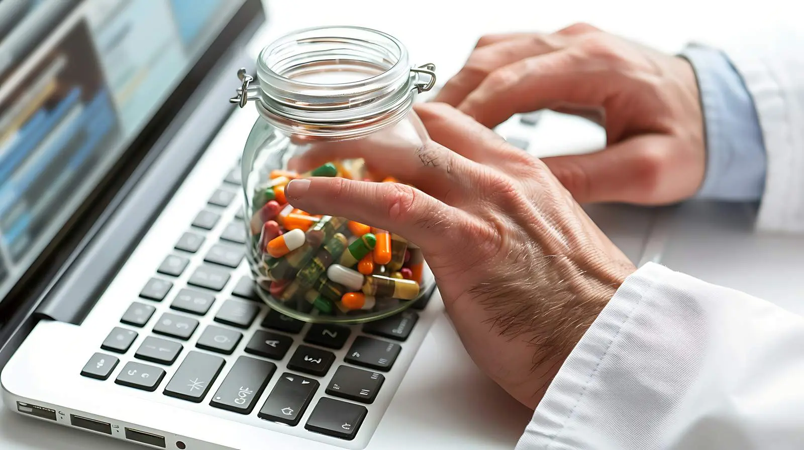 Doctor Holding Pill Jar and Laptop – free patient treatment image from Dotvec