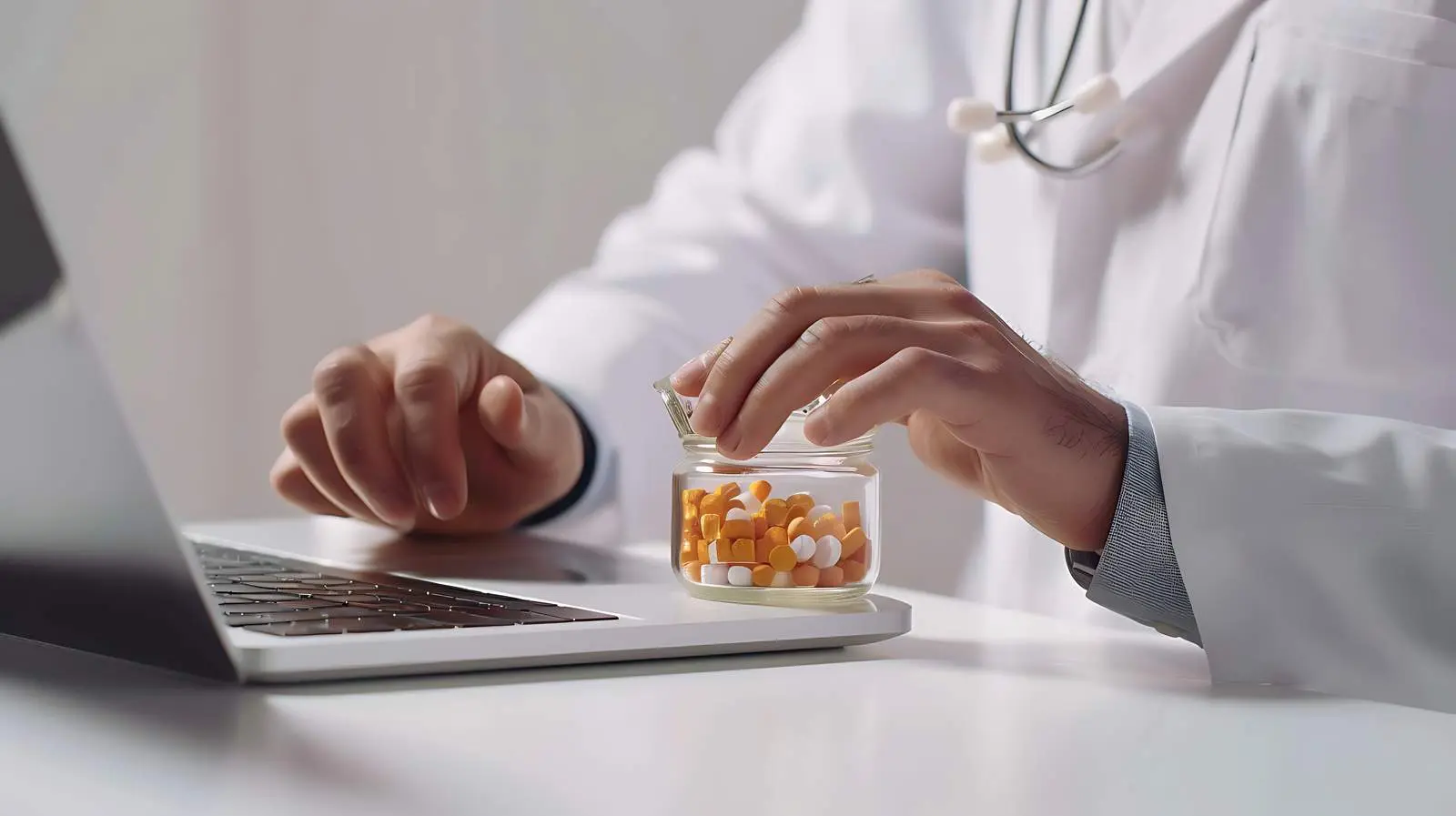 Doctor with Pill Jar and Laptop – free patient treatment image from Dotvec