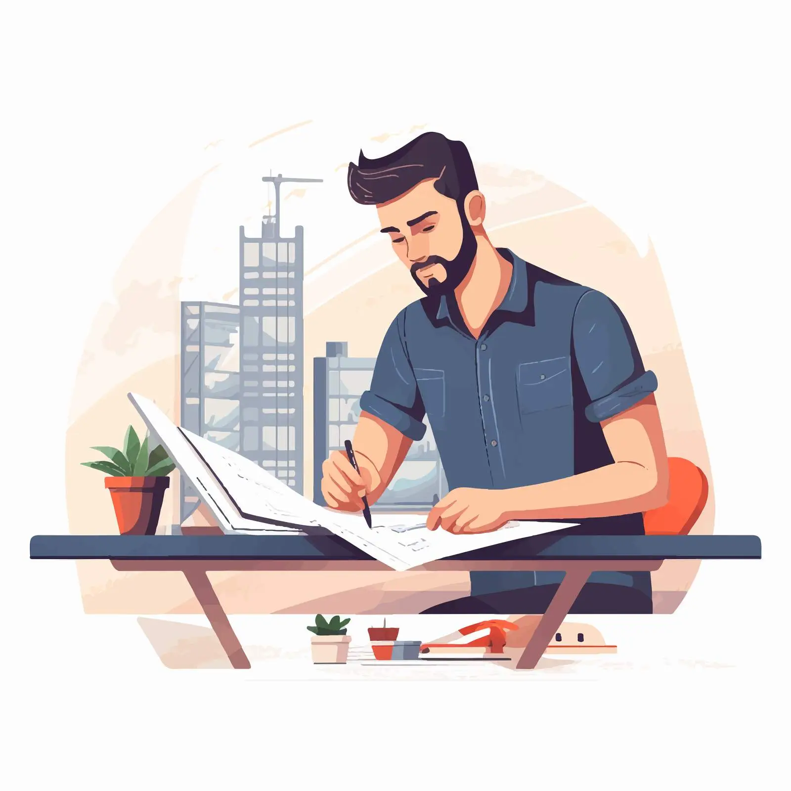 Architect Working on Construction Plan Vector — free download from Dotvec