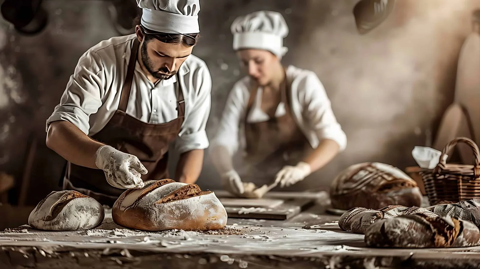 Bakery couple baking fresh bread together — free download from Dotvec