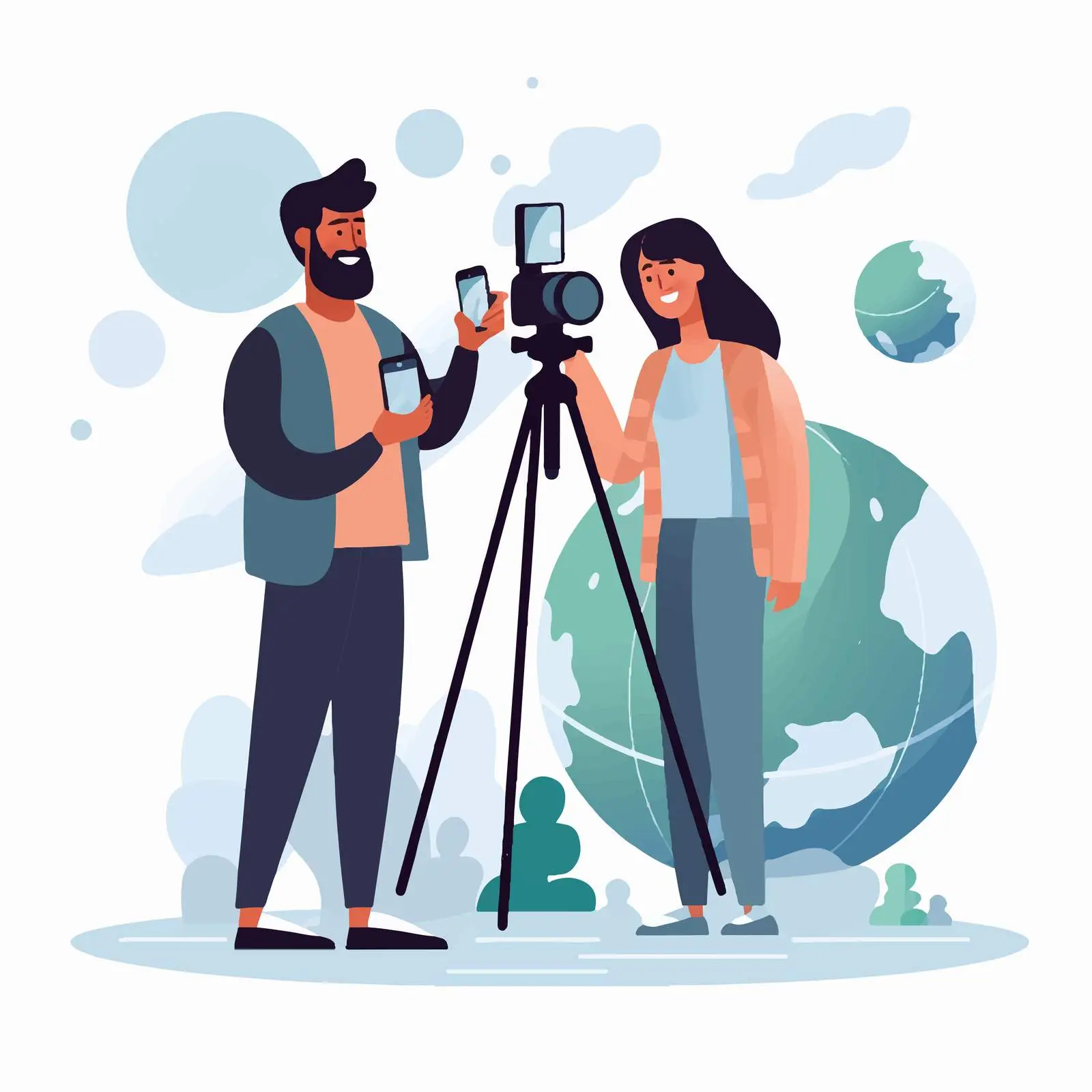 Couple Photographing Earth Model with Smartphone — free download from Dotvec