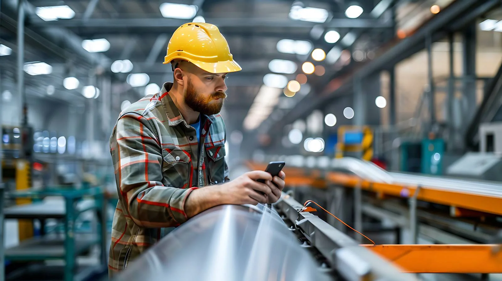 Factory Worker Checking Phone on Conveyor — free download from Dotvec