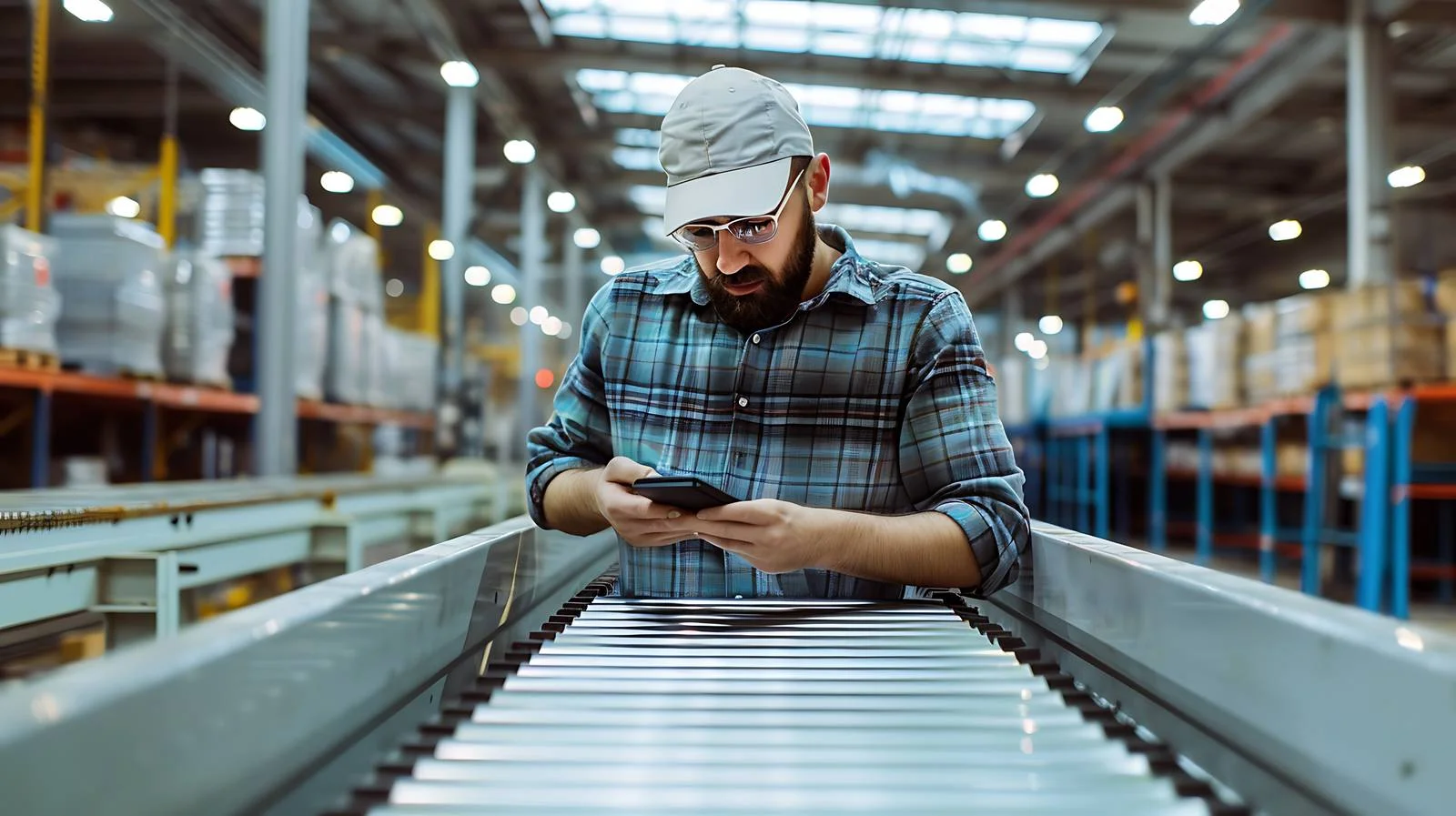 Factory worker inspecting phone at conveyor — free download from Dotvec