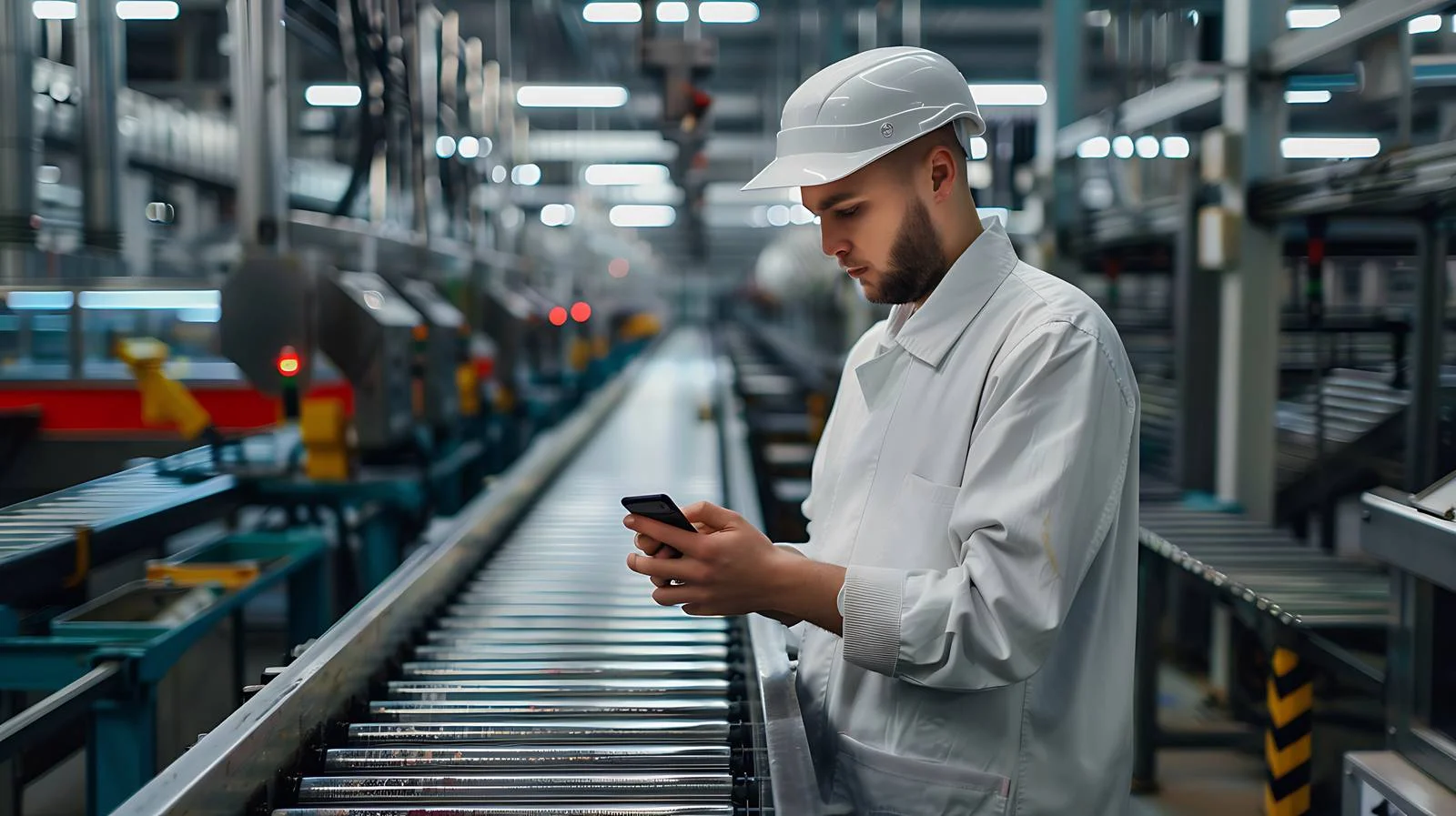 Worker observing smartphone at factory conveyor — free download from Dotvec