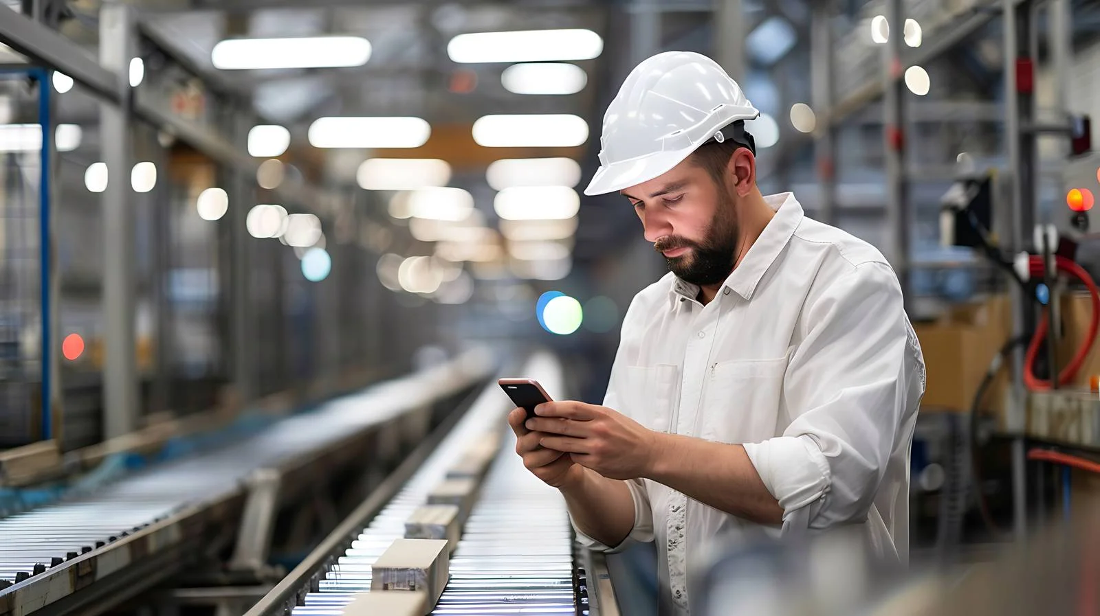Worker Checking Phone in Factory Setting — free download from Dotvec