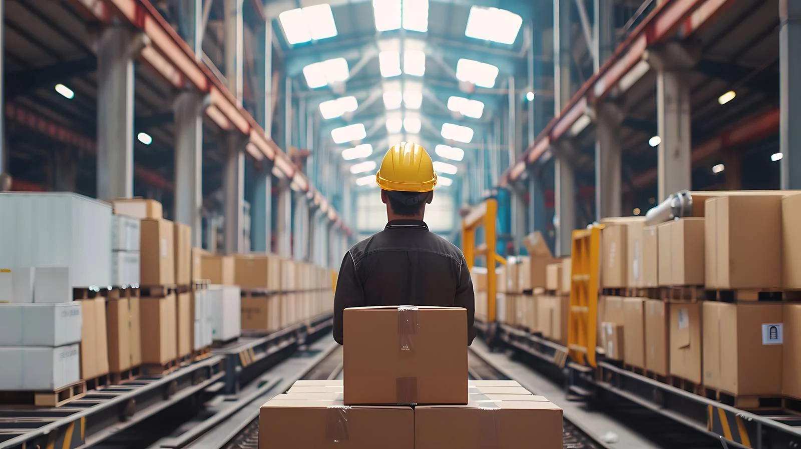 Industrial Box Organization with Man and Tugger Train — free download from Dotvec