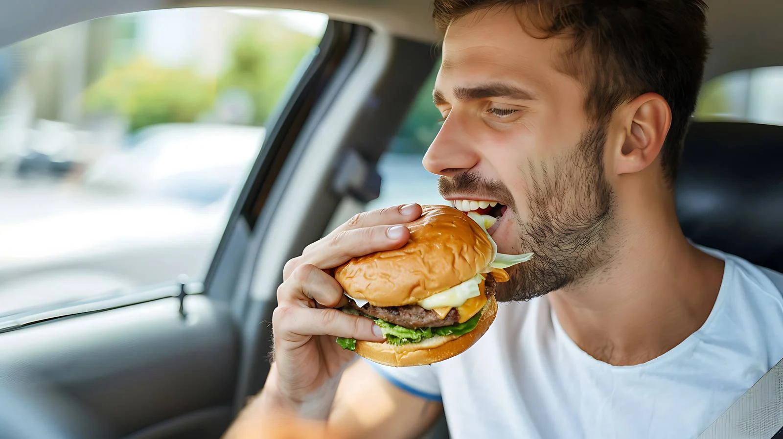 Man Enjoying Hamburger in Car — free download from Dotvec