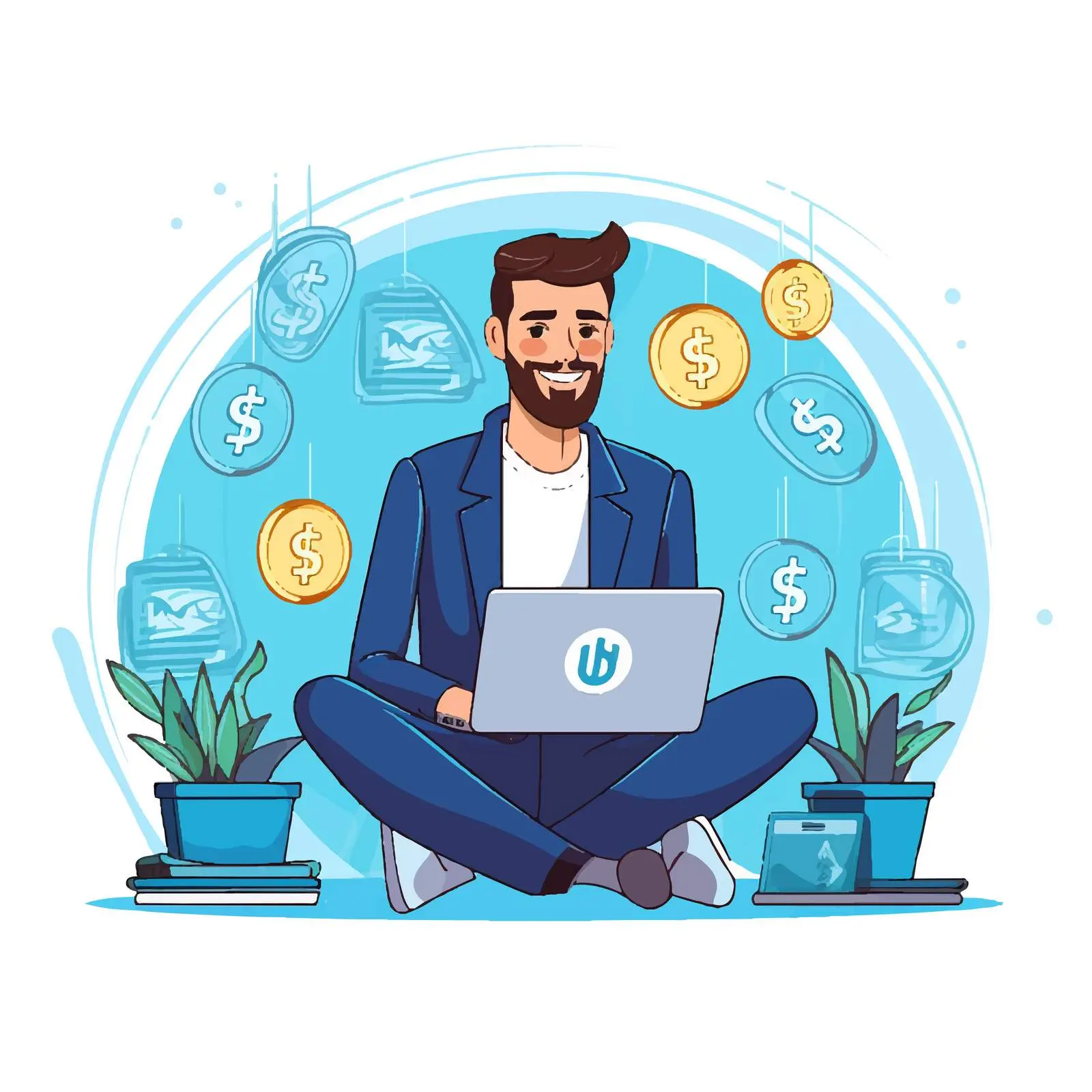 Businessman with Money and Laptop Icons — free download from Dotvec
