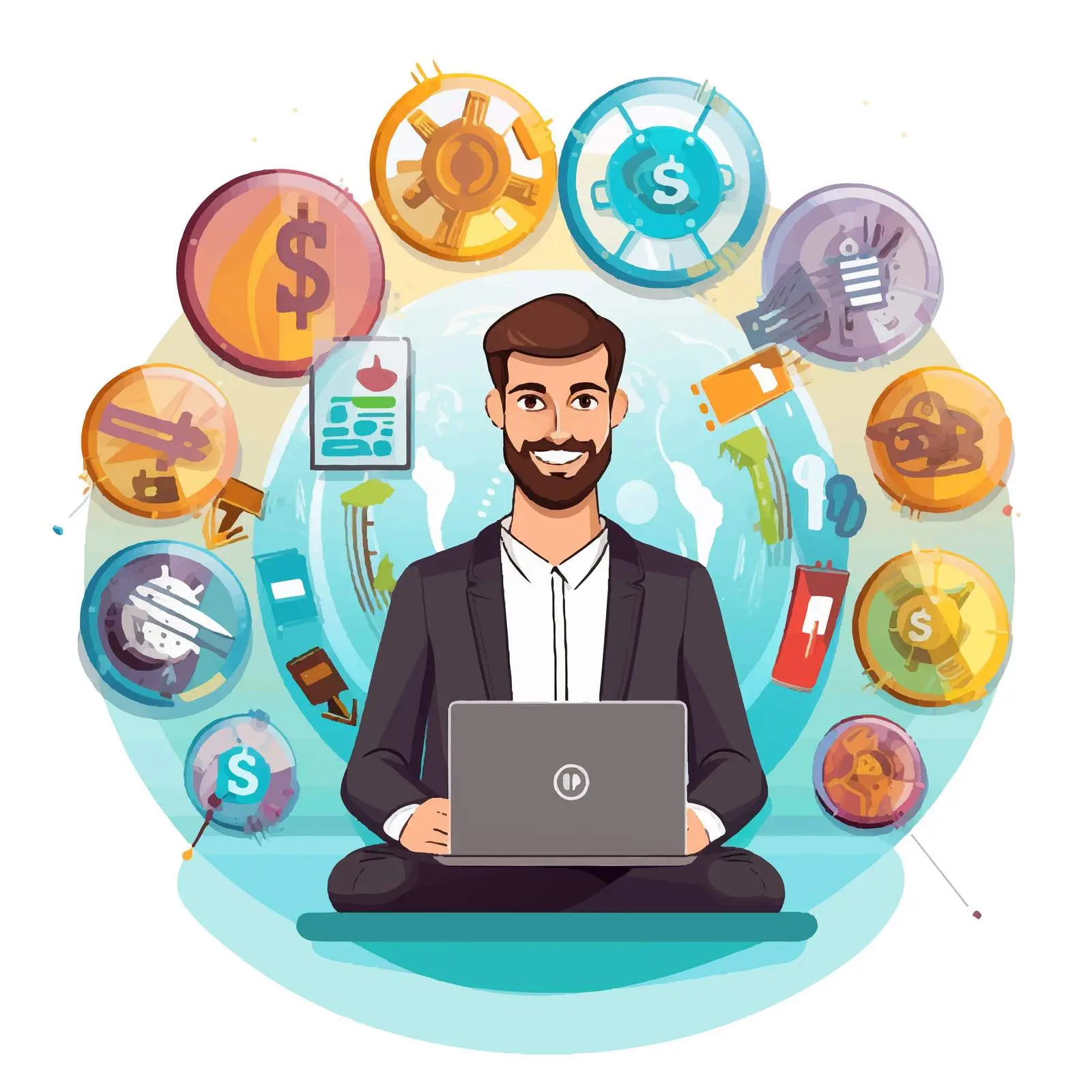 Businessman with Money and Laptop Icons — free download from Dotvec