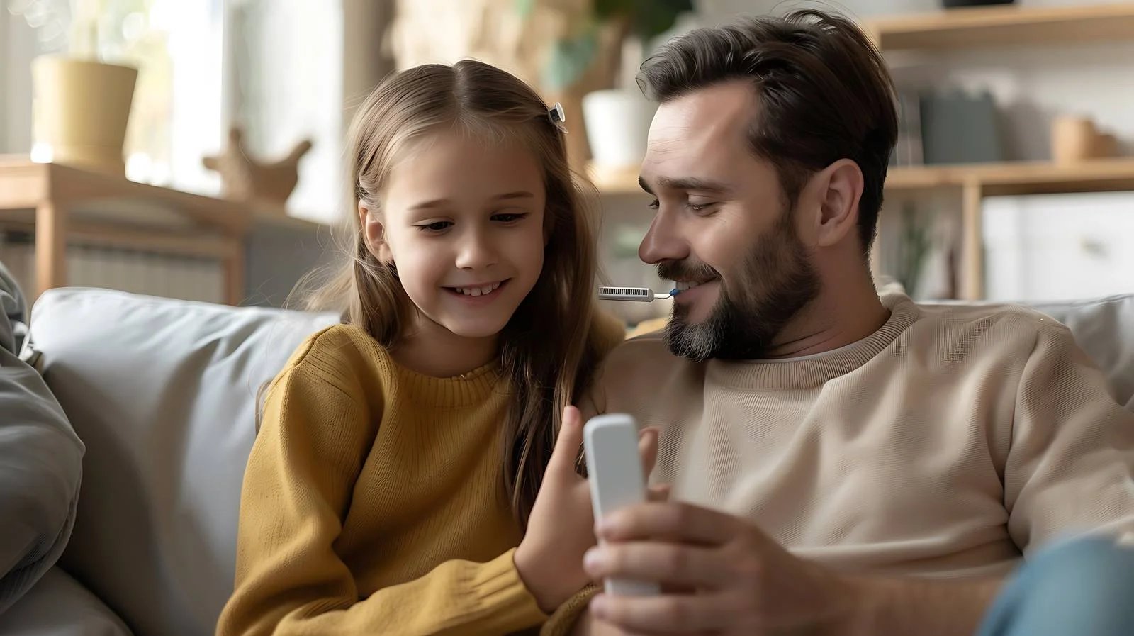 Concerned father taking daughter's temperature — free download from Dotvec