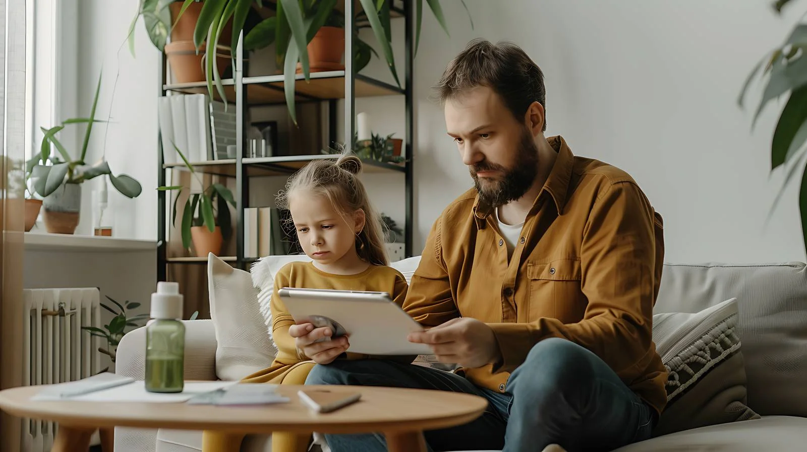 Concerned father checking daughter's temperature — free download from Dotvec