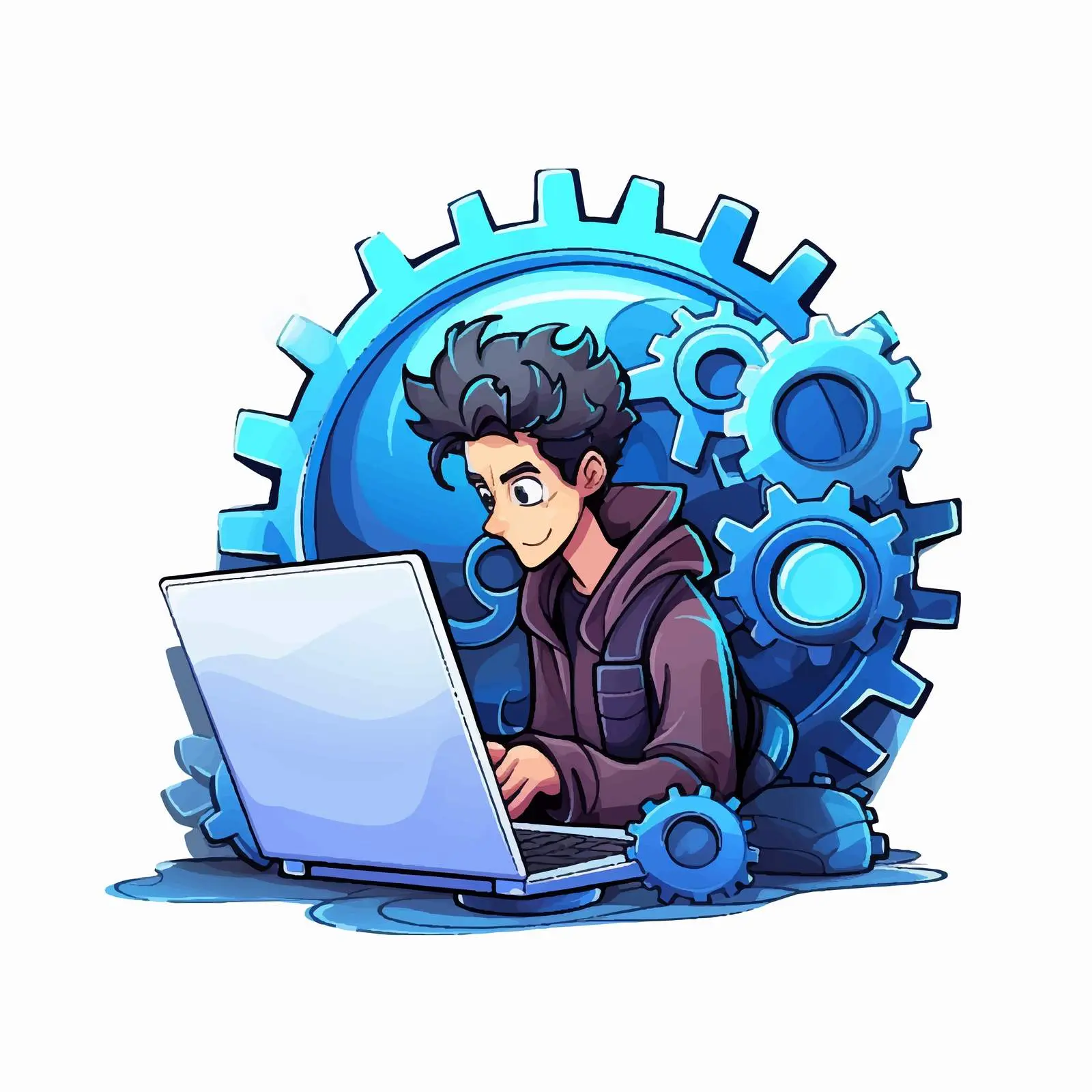 Cartoon Man with Laptop and Gears Icon — free download from Dotvec