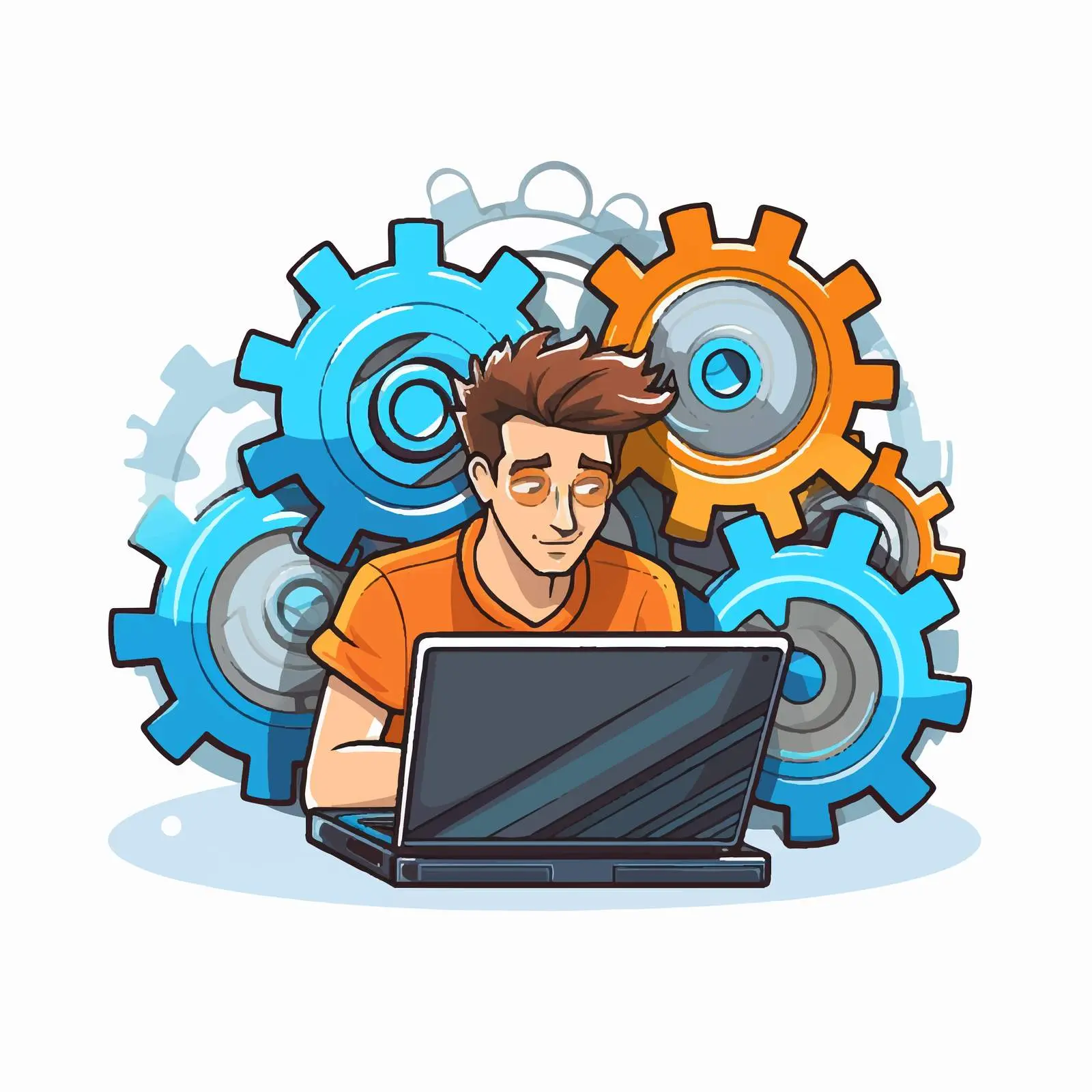 Cartoon Vector Illustration of Man with Laptop and Gears – free automation image from Dotvec