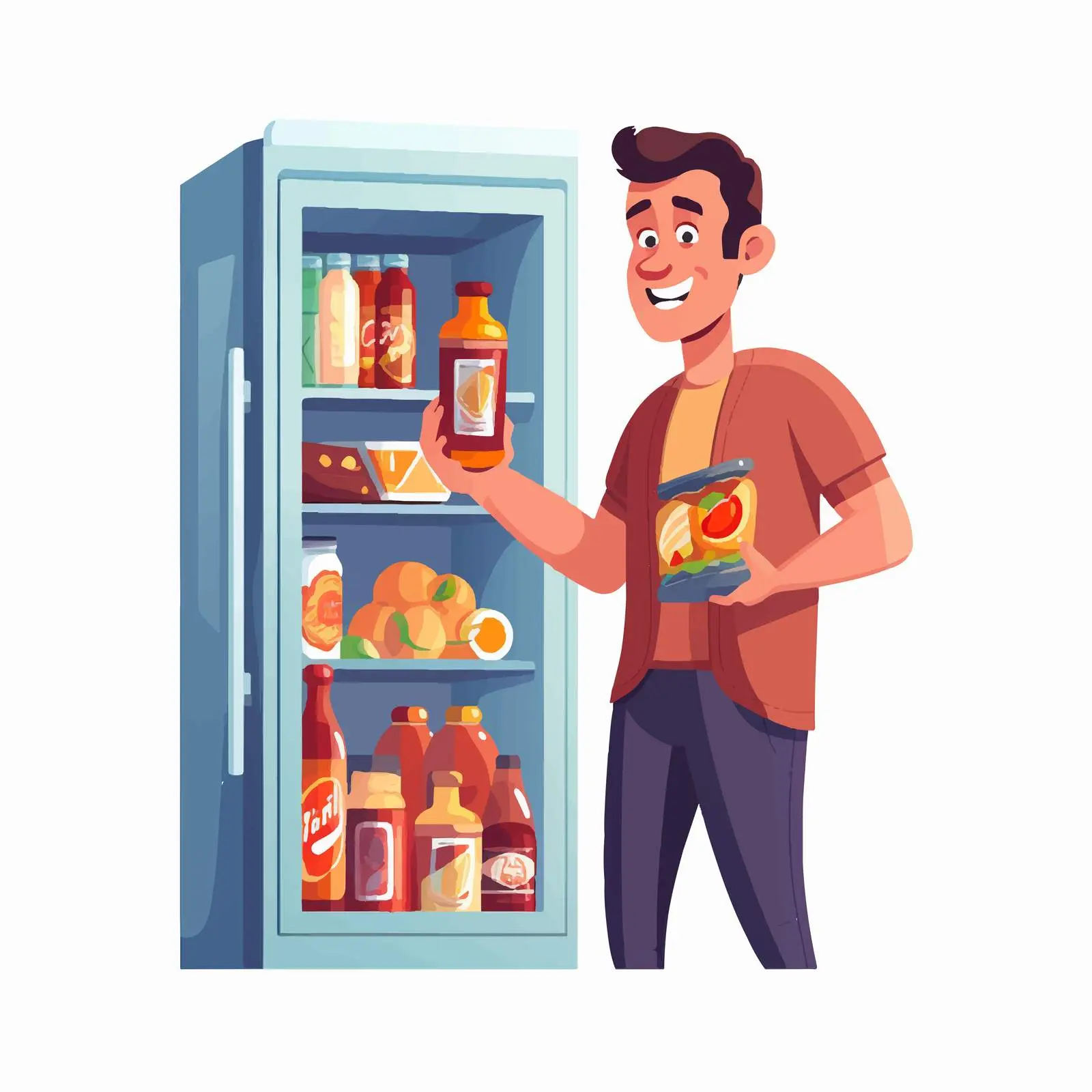 Man Inspecting Fridge with Junk Food Choices — free download from Dotvec