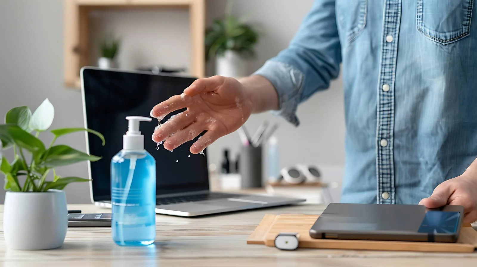 Man Using Hand Sanitizer at Desk — free download from Dotvec
