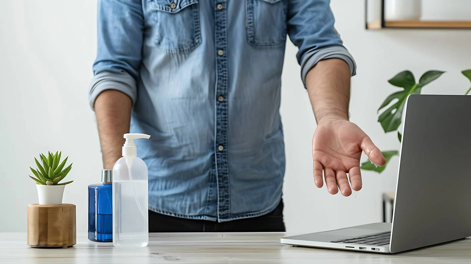 Man Using Hand Sanitizer at Desk — free download from Dotvec